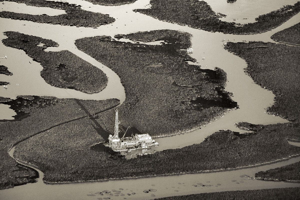 An oil derrick among the changing wetlands, near Venice, LA.